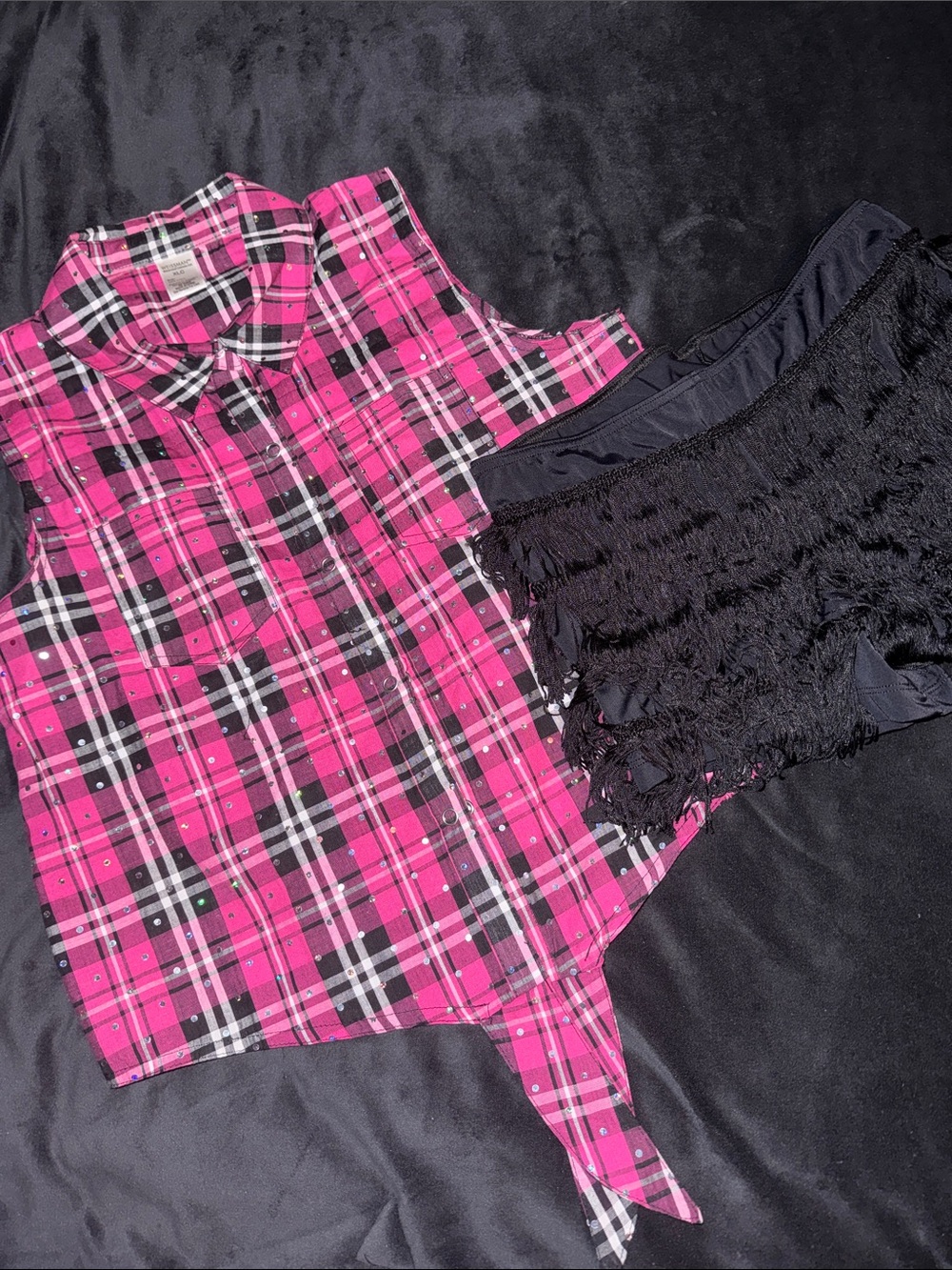 Western Dance Wear Pink Plaid Black Fringe Short Set Jazz Comp Show Costume